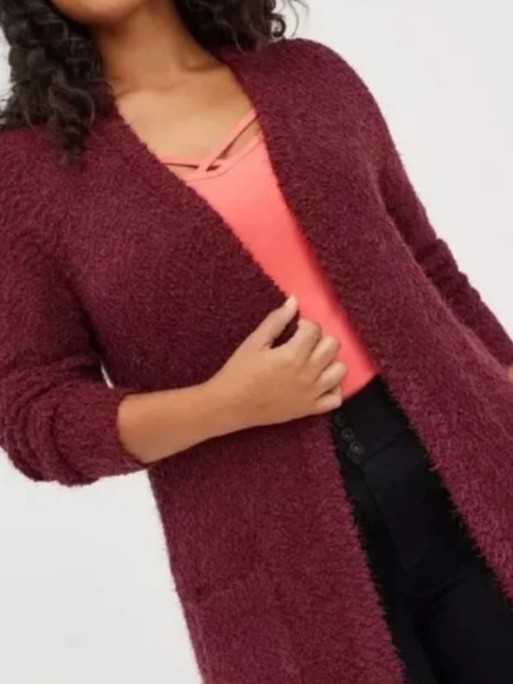 Torrid burgundy popcorn sweater Longline cardigan pockets Size 1 (1X) Soft Cozy